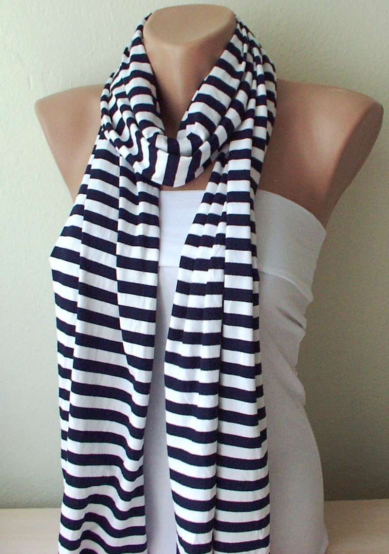 White and Navy Blue Striped Jersey Cotton Soft Scarf