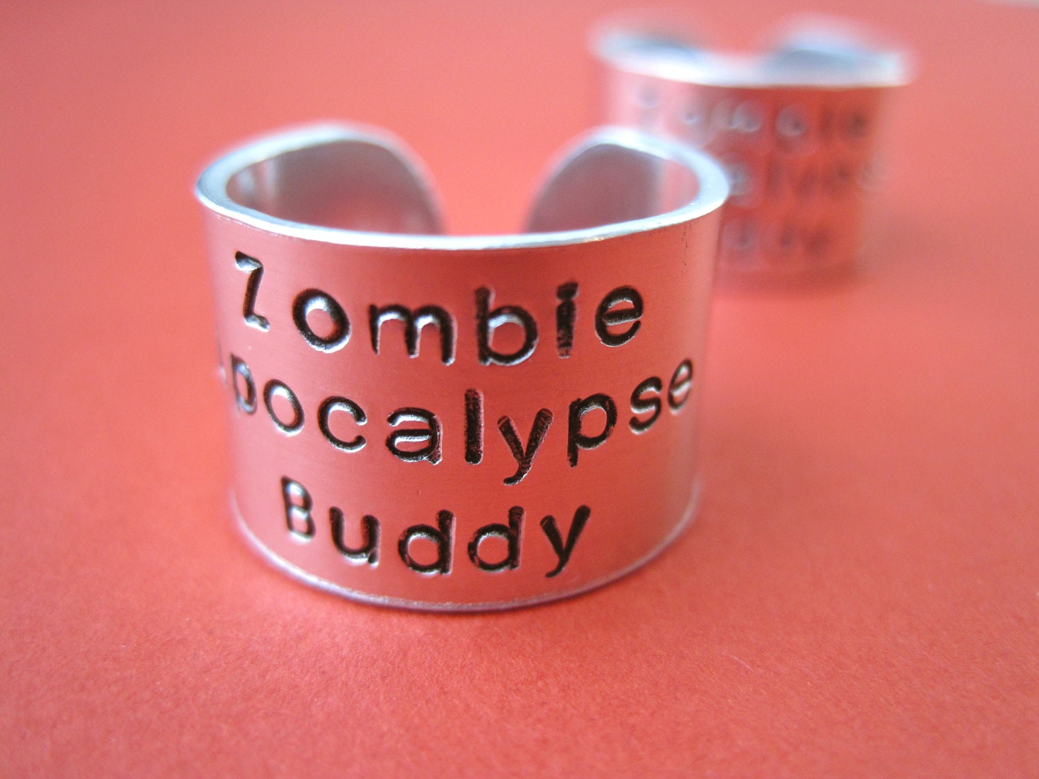 Zombie Apocalypse Buddy Ring Set - Personalized Hand Stamped Rings - Thick Band - Set of 2