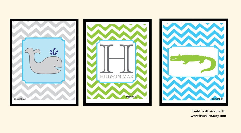 Nursery Wall Decor - Babies Room - Children's Room - Monogram, Chevron, Dots - Alligator, Whale, Letter - Set of Three 8x10 Art Prints