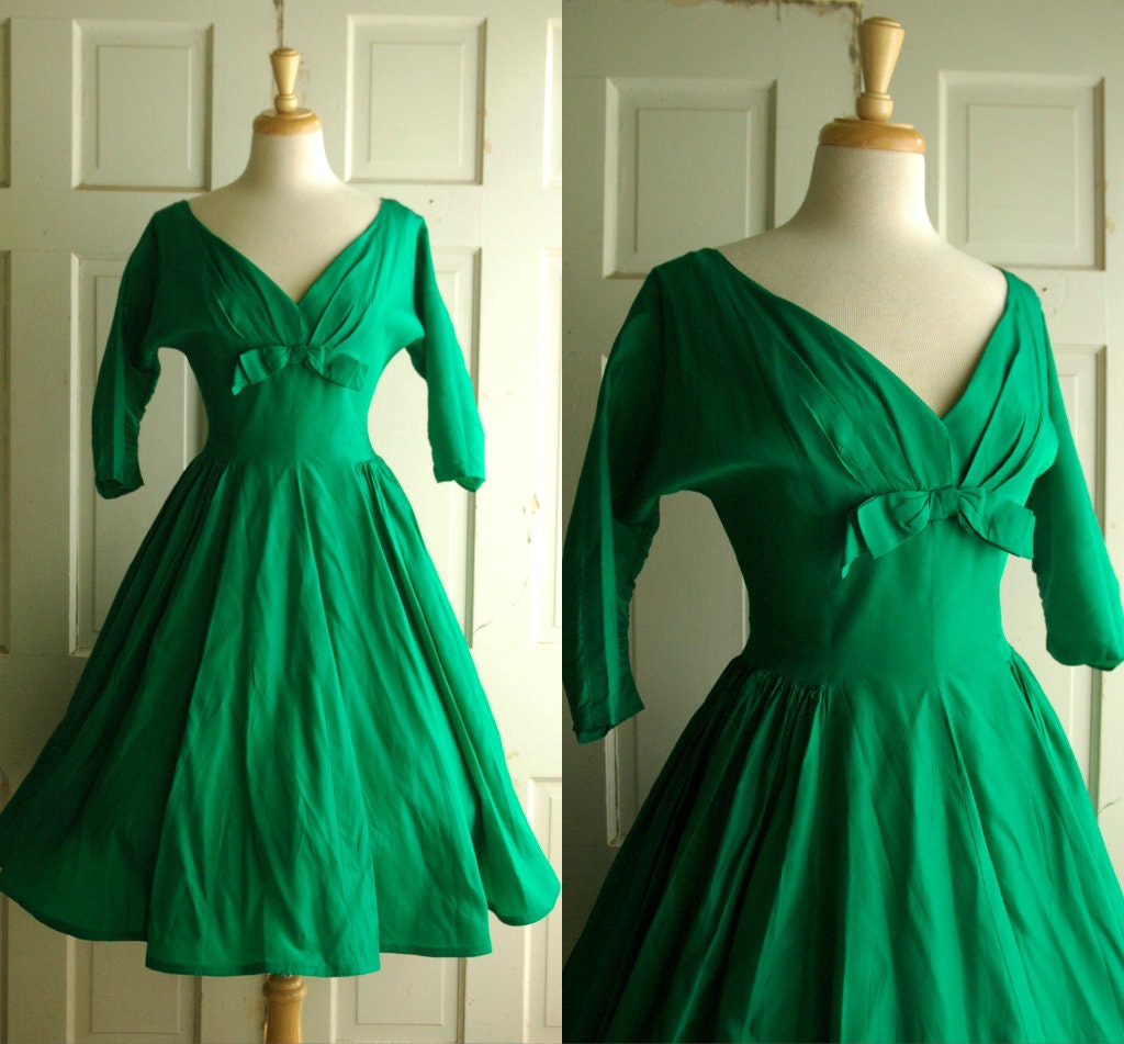 1950s Emerald Green Party Dress / Vintage Taffeta Dress