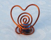 Heart Place Card / Table Number Holders, Solid Copper with Cobalt Blue Accents, Set of 8, Wedding or Anniversary Decoration