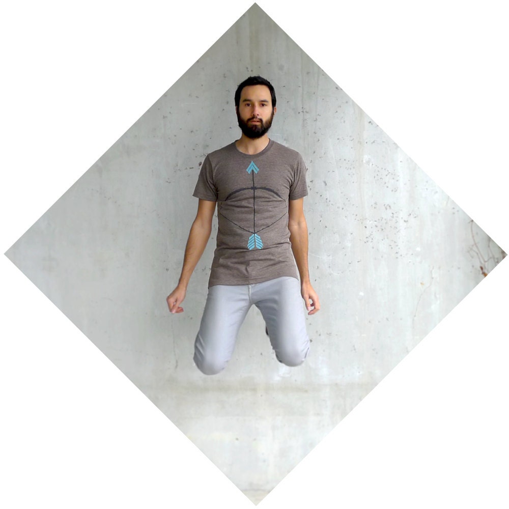 SALE - mens tshirt - brown and turquoise - L/XL - bow and arrow print on American Apparel track tees - The Headhunter