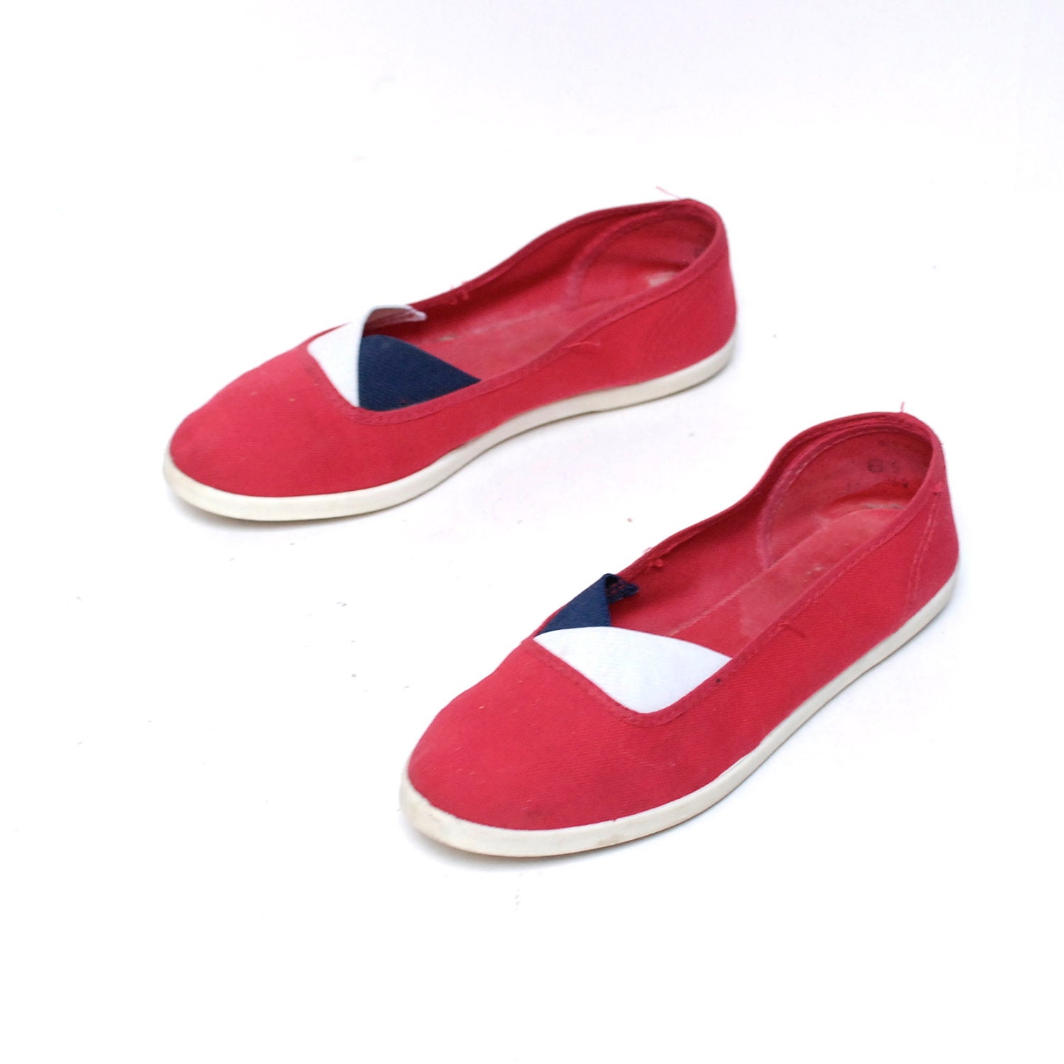 size 6.5 NAUTICAL red canvas 80s COLORBLOCK  slip on flats