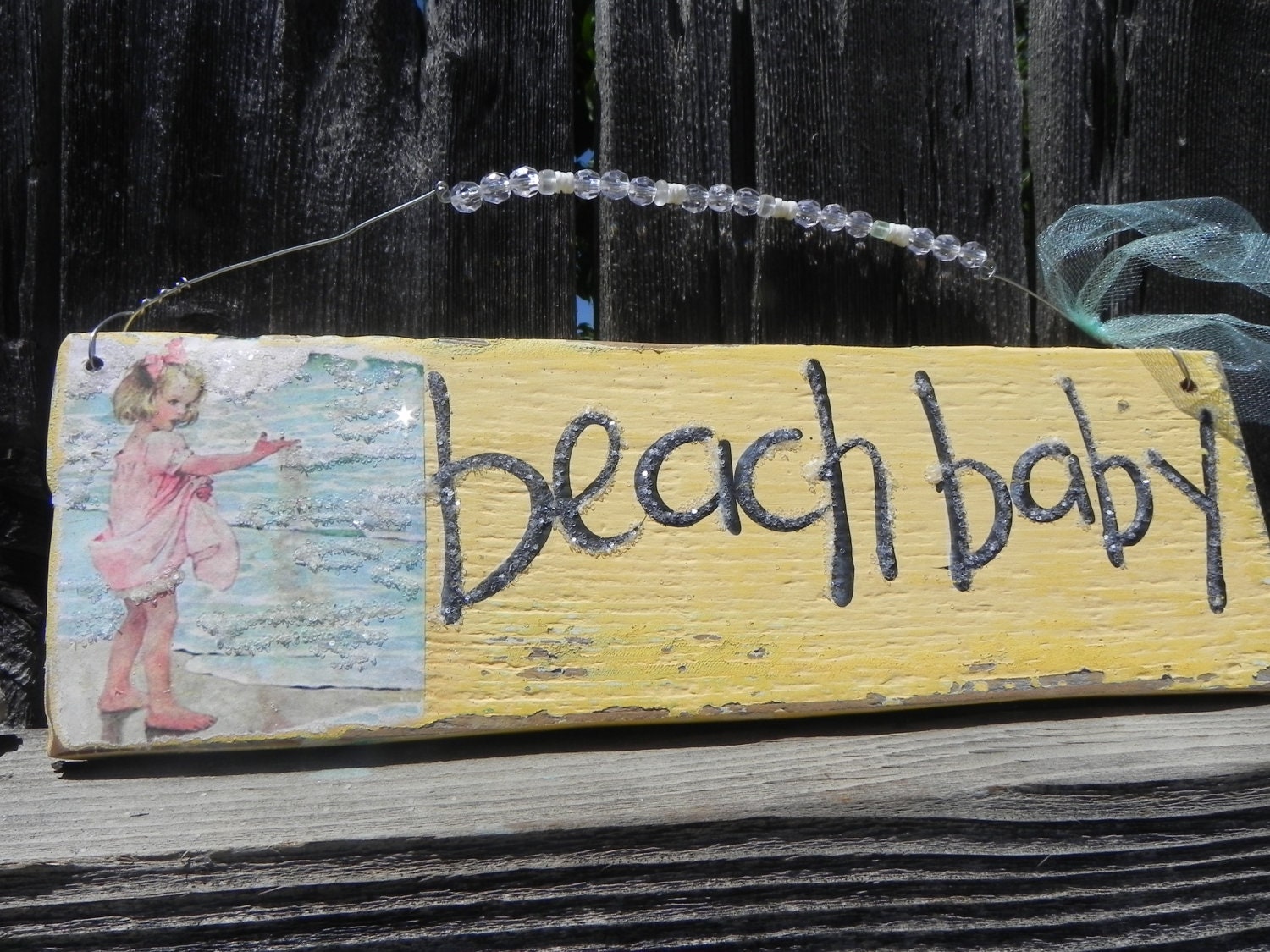 Vintage Beach Baby Sign Sunny Yellow Wood with Shells RUSTIC and Primitive Beach Surfer Glitter