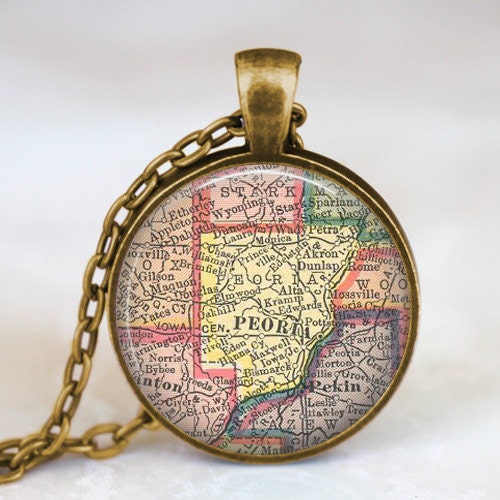 Peoria vintage map necklace, peoria illinois  pendant, peoria map jewelry, keepsake  jewelry with gift box
