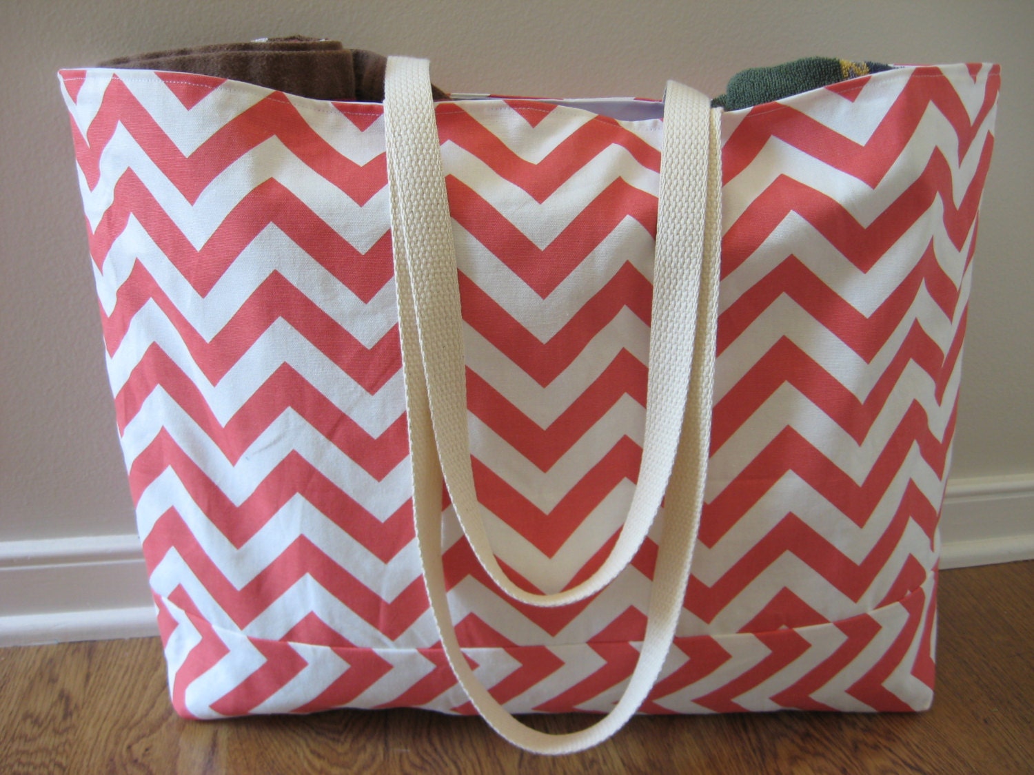 Extra Large Beach Tote, Beach Bag Chevron, Coral Pink chevron