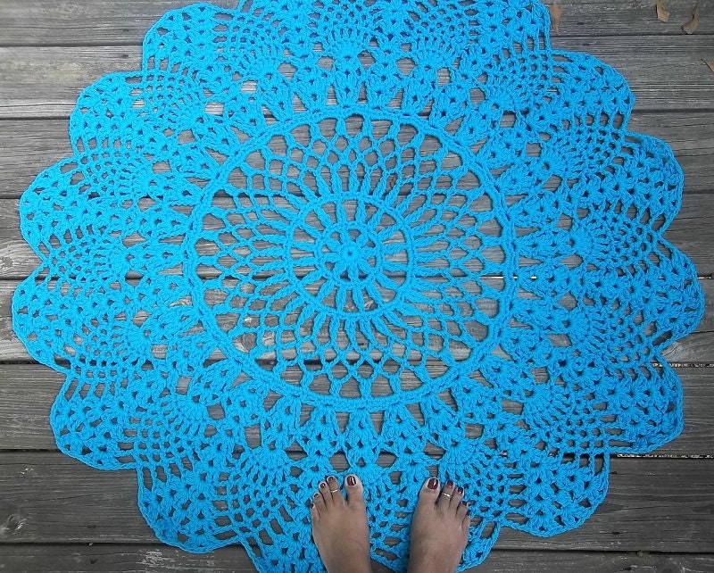 Turquoise Cotton Crochet Rug in Large 42" Circle Pineapple Lacy Pattern
