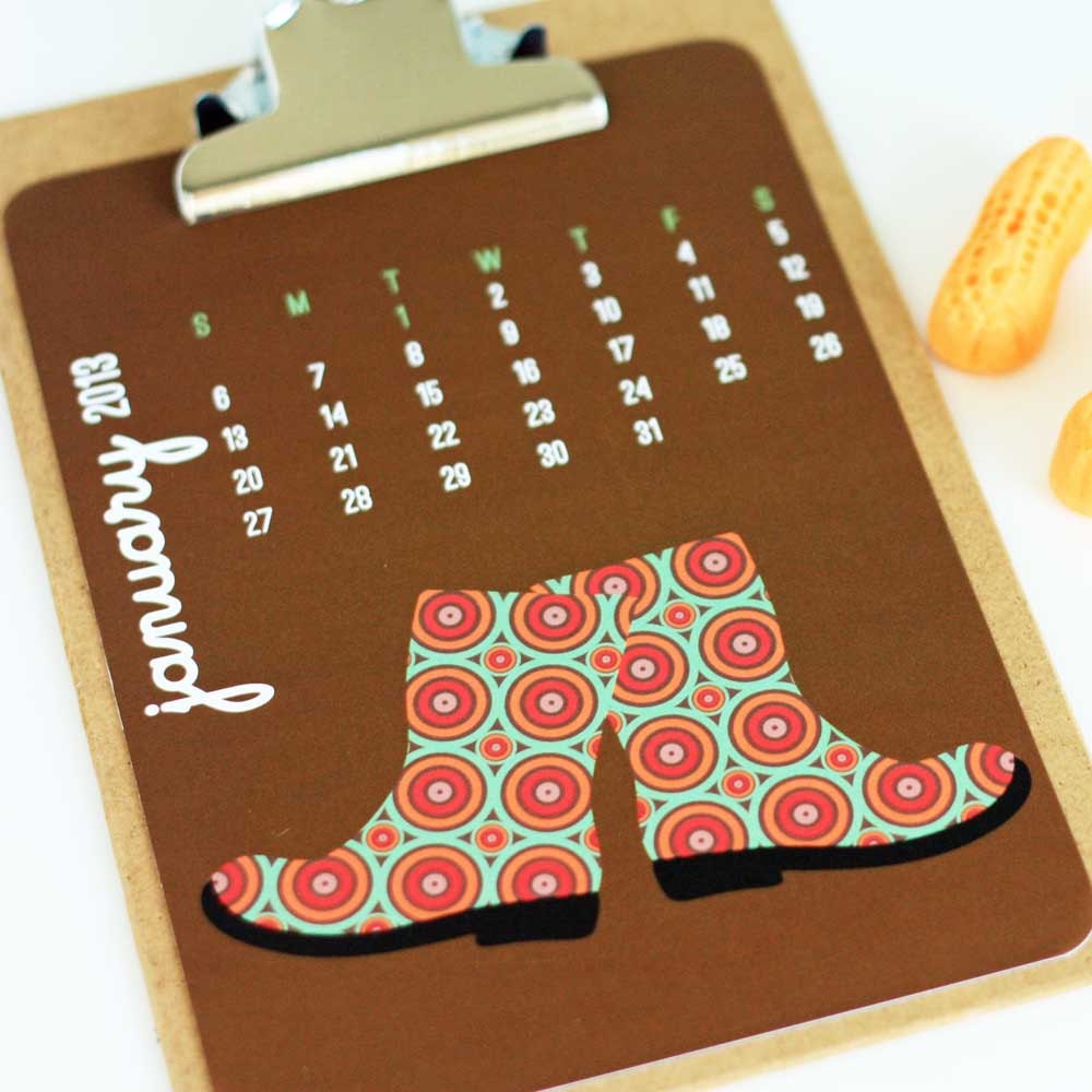 2013 Calendar Wall Hanging Clipboard in Rain Boot Designs