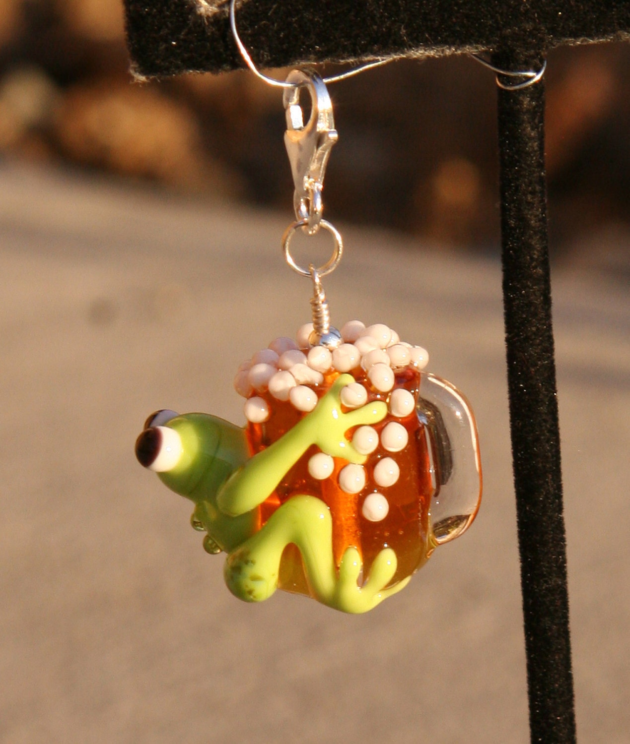 Lucky Green Frog holding a Frosted Mug of Beer Lampwork DeSIGNeR Pendant or Purse Charm
