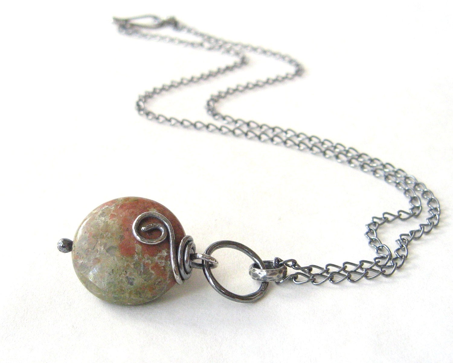 unakite and silver pendant necklace, rustic green and pink pendant necklace