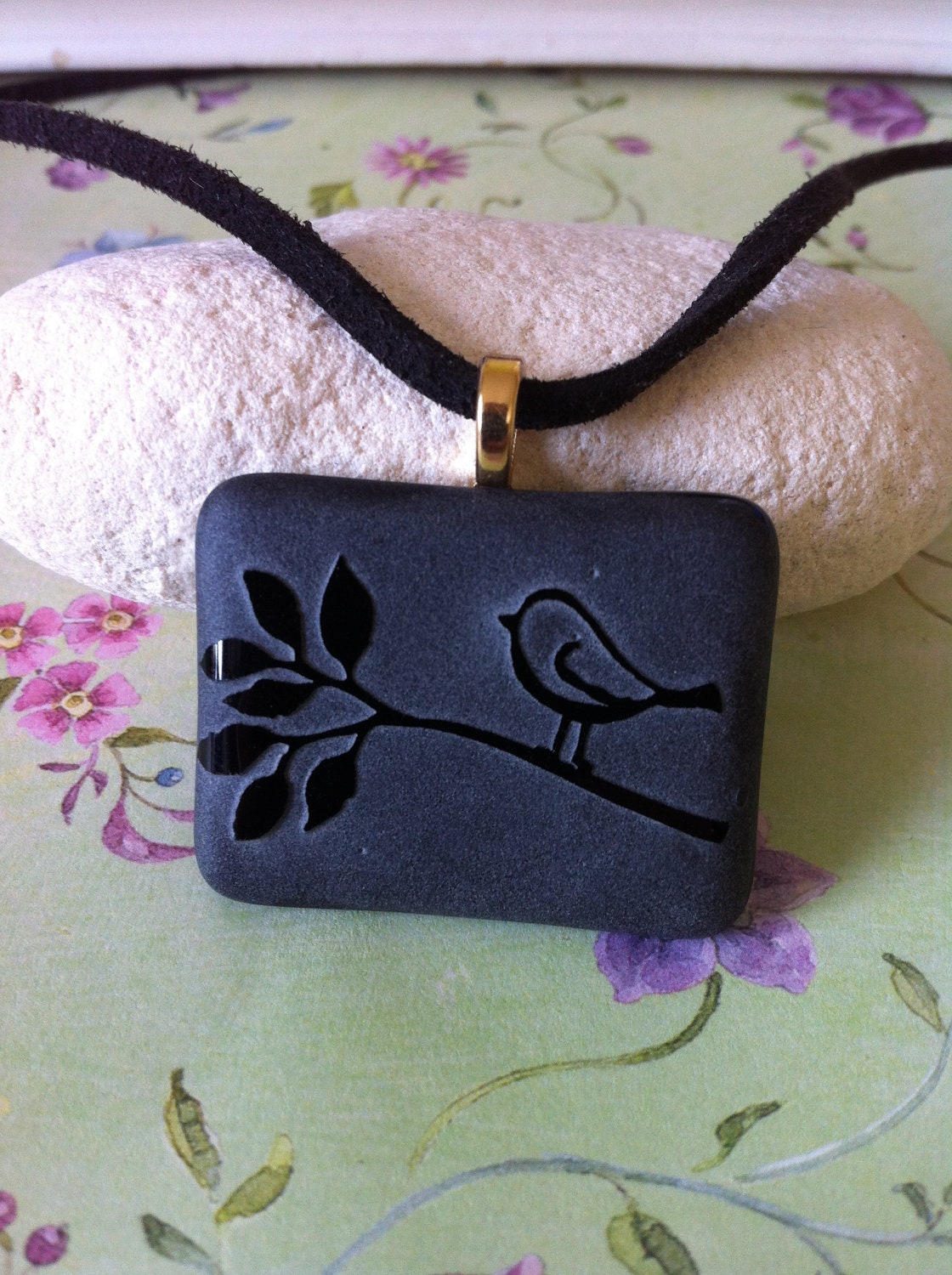 Glass Sand-Carved  Bird on a Branch pendant