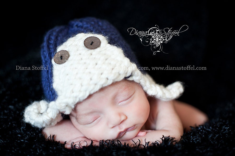Navy Blue/Cream Aviator Knit Ear flap Hat with vintage buttons-Newborn-12 month sizes-Photography Prop-Made to order