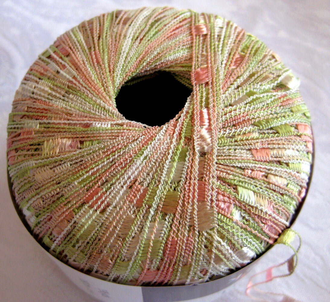 Peach Blossom ladder ribbon yarn, Berlini West Track II, soft shades of peach,cream green, 4