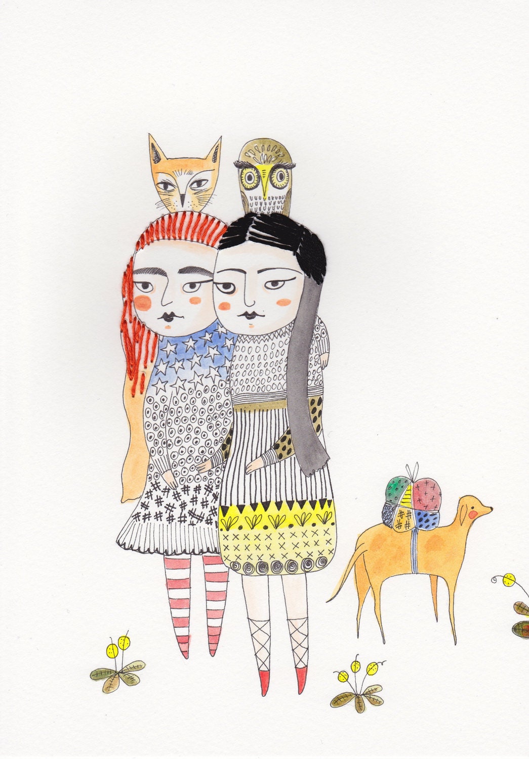 Original artwork on paper ink and acrylic embroidery drawing, Sisters