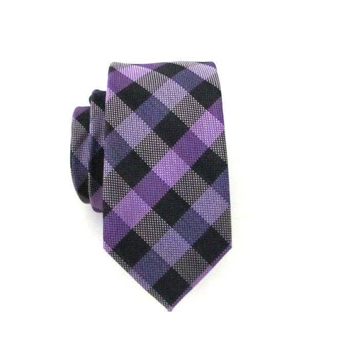 Skinny Necktie - Black Grey and Light Purple Checkers Skinny Tie