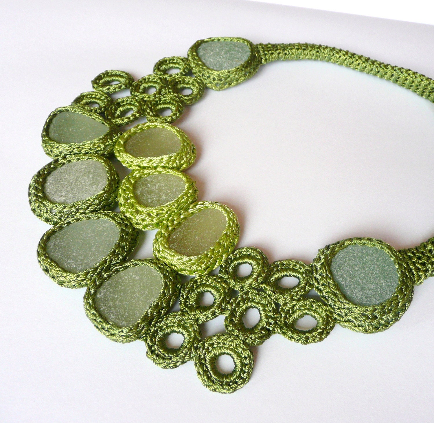 Green seaglass bib necklace with 9 sea glass statement prom collar crochet OOAK handmade Birthday spring gift for her Valentine Easter