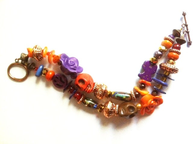 Day of the Dead Rockabilly Orange Purple and Brown Double Strand Bracelet