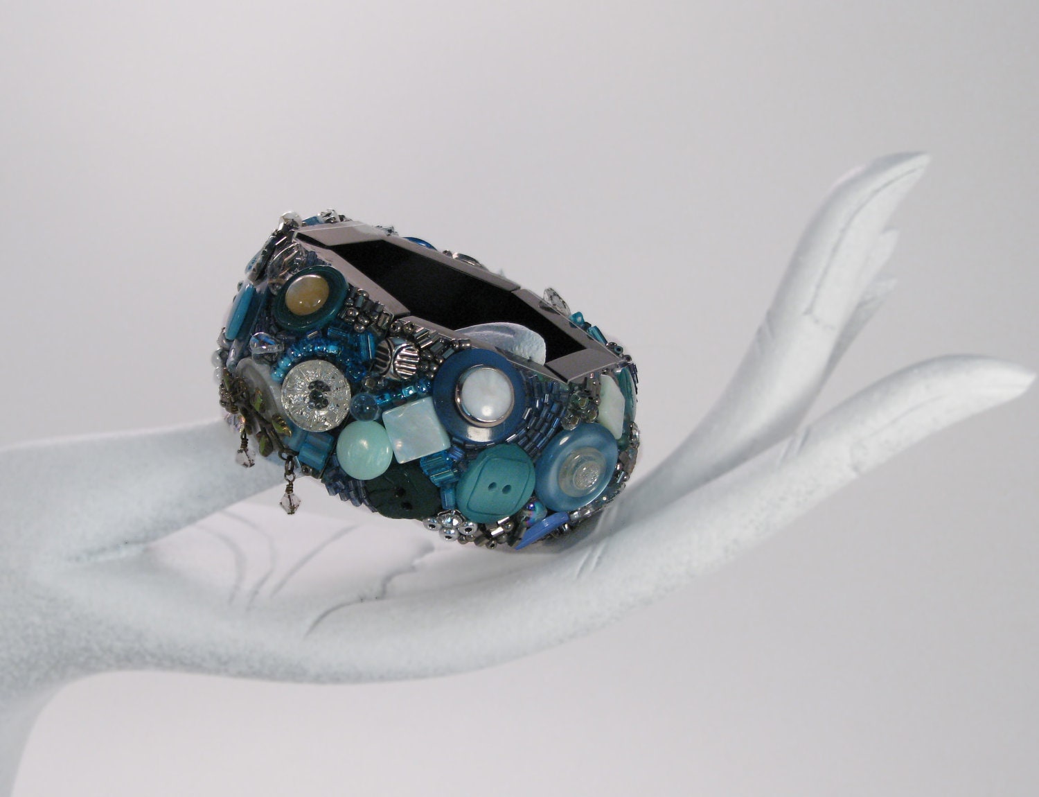 Blue Bracelet Cuff - OOAK wearable art - Vintage Rhinestone, Beads, Buttons