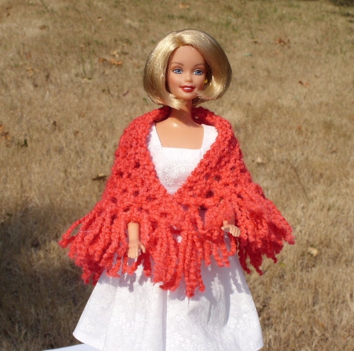 Barbie Doll Shawl - Knitted -Dark Coral - Fringe on Bottom Edge