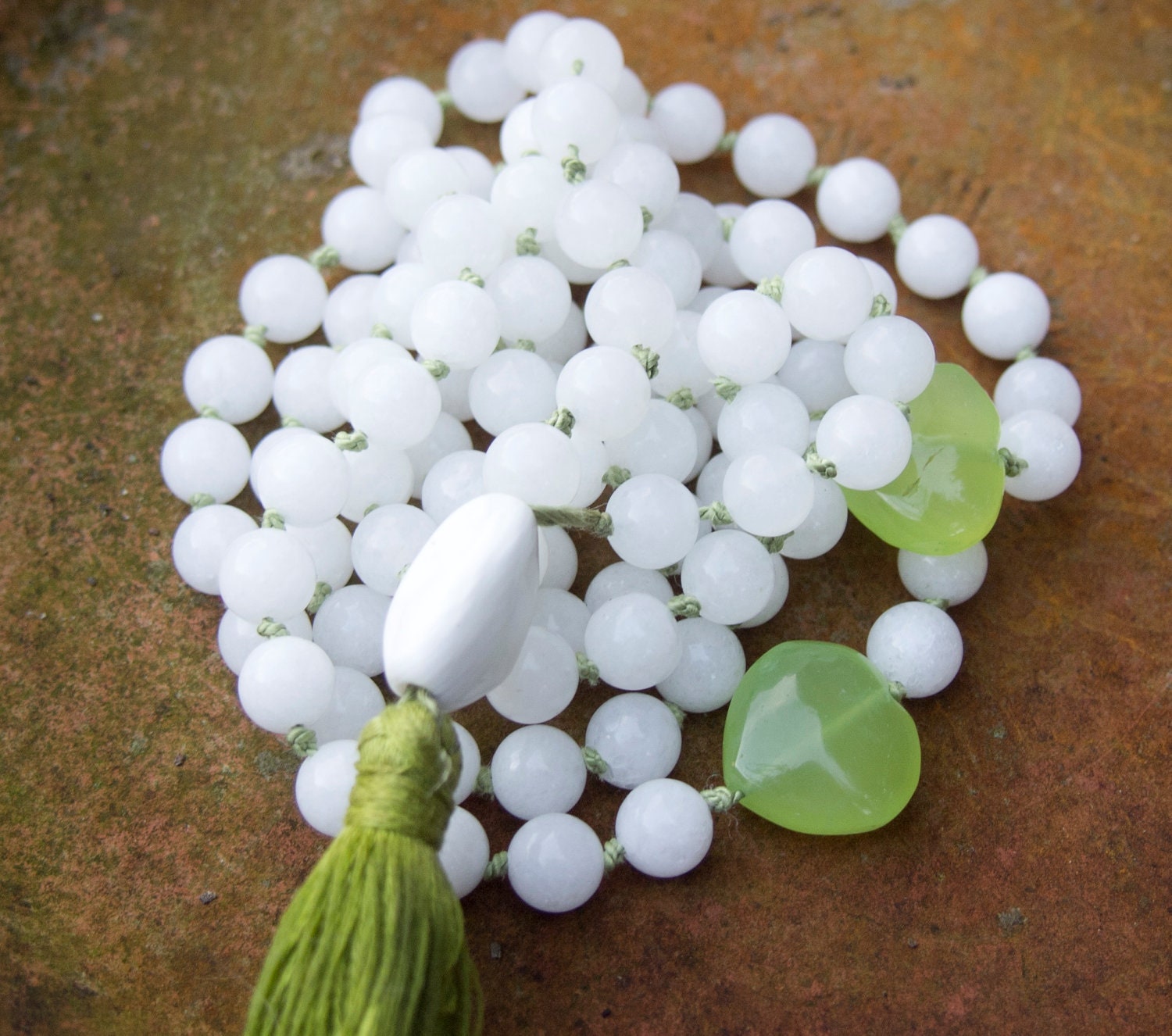 White Jade Hand Knotted Japa Mala Prayer Beads