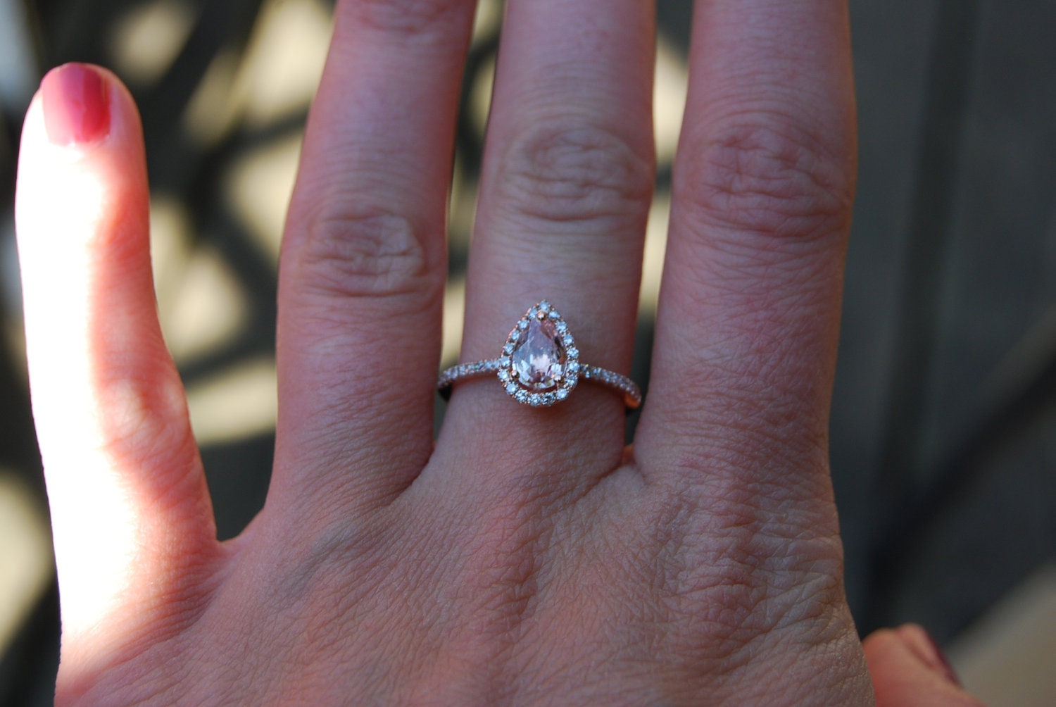 0.9ct Peach champagne tear drop sapphire and rose gold diamond ring