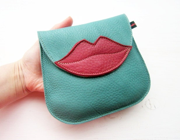 Handmade Leather clutch Purse, Bag, Jade and Berry leather KISS 1803