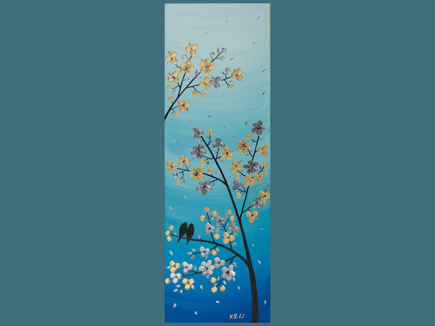36" Original Modern Abstract Impasto Palette Knife Acrylic Painting Landscape Tree Love Birds Wall Decor "Serenade"