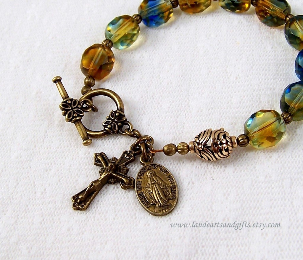 Rosary Bracelet Chaplet Prayer Beads Green Blue Topaz Adjustable