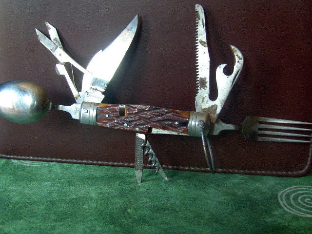 Antique Army Knife Swiss Style Survival Knife Eleven 11 Tools Stag Horn Insets with Leather Case