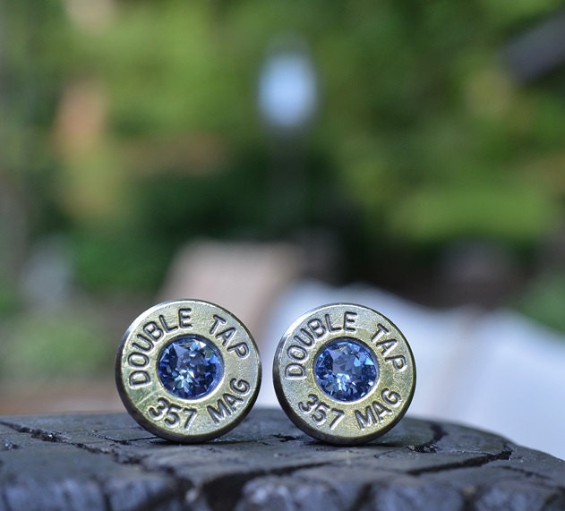 Bullet Earrings stud or post, nickel silver Double Tap .357 magnum with Swarovski crystals