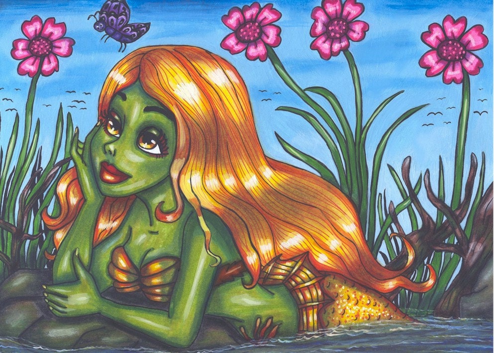 day dreaming green little mermaid girl original art print fairy tale fantasy art By Elizavella Bowers