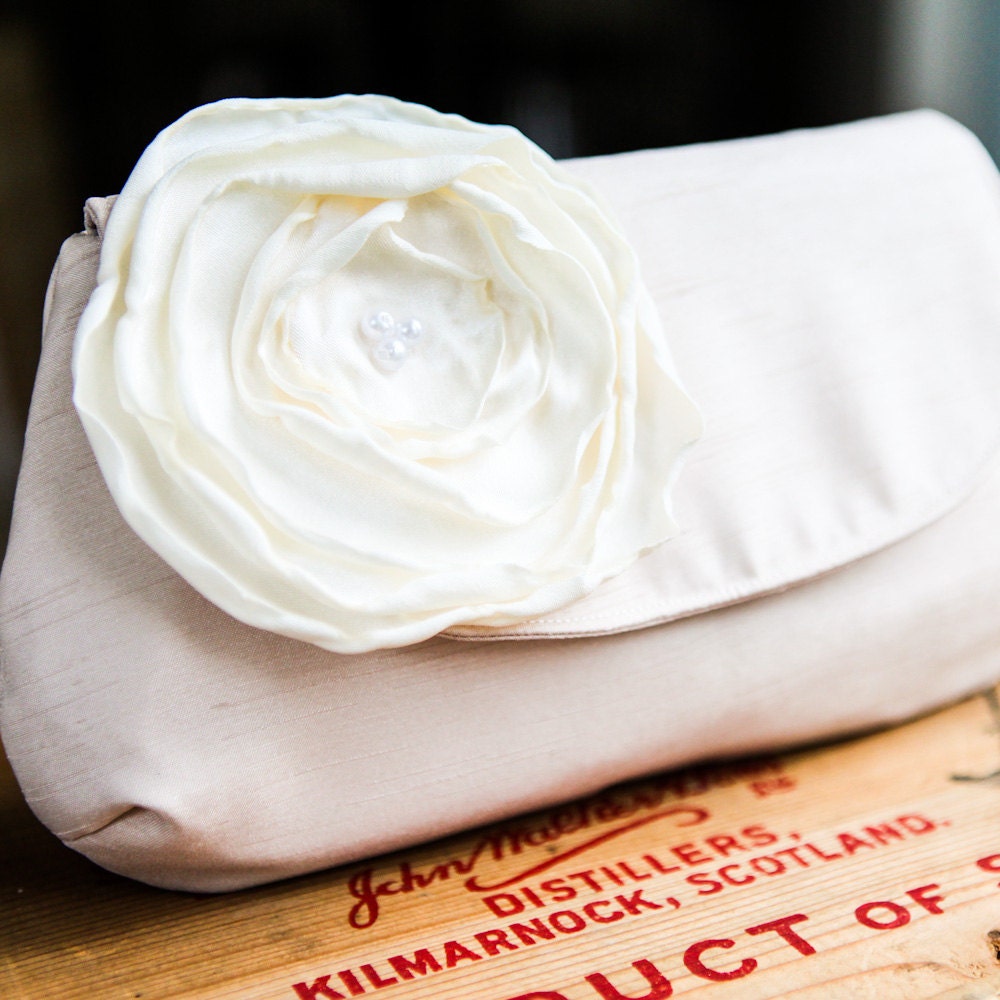 Evening Clutch in Champagne with Oversized Ivory Flower and White Pearls