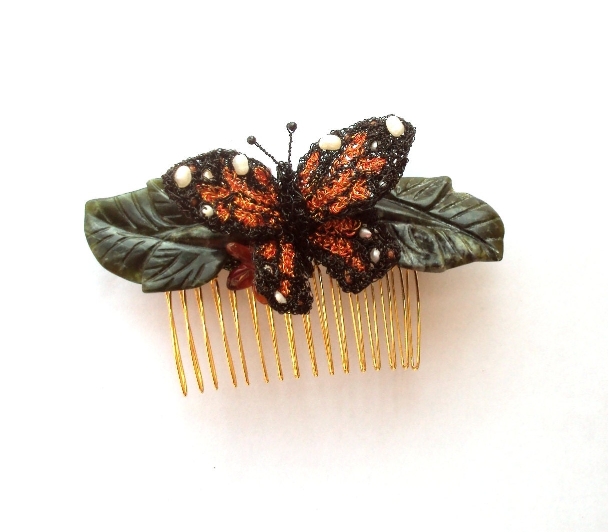 SALE Butterfly hair slide comb with semi precious stones and pearls, jade carved leaves and carnelian carved flowers