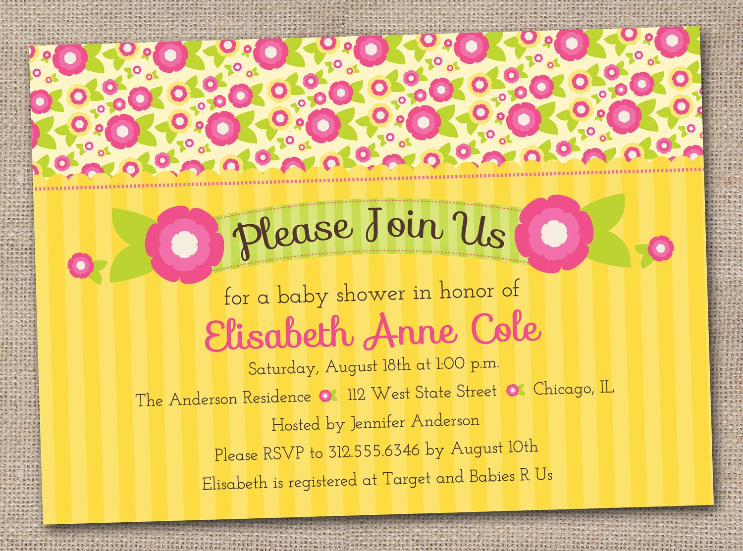 Pink and Yellow Flowers Baby Shower Invitation Printable Digital File Il_570xn