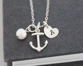 Anchor Necklace .. Initial Necklace ..Sterling Silver, Personalized Jewelry , Nautical  Hand Stamped Pendant Journey Necklace