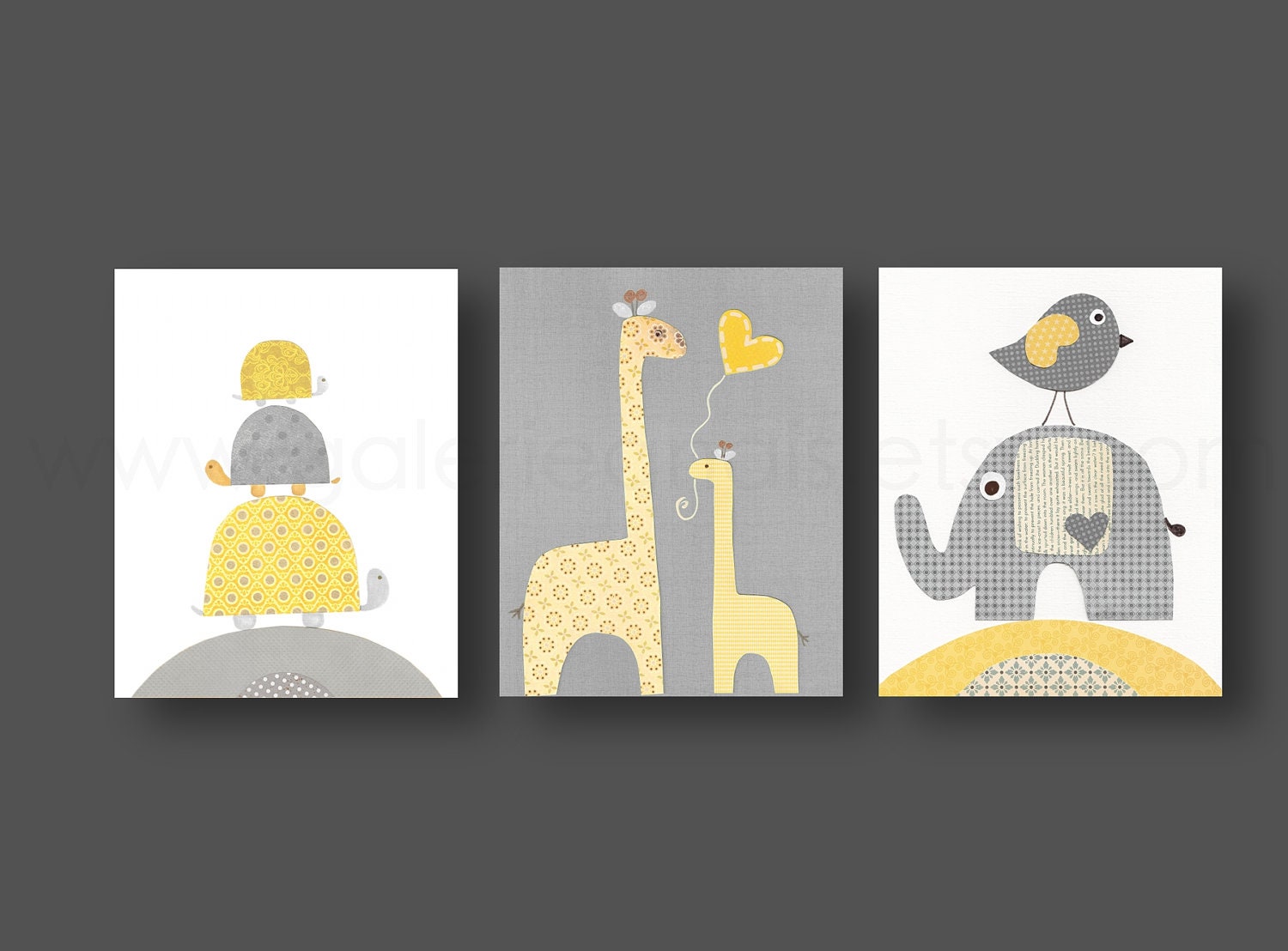 Nursery art print, baby nursery decor, nursery print, Kids art, yellow, gray, elephant, giraffe, bird, turtle, Set of three 11x14 prints