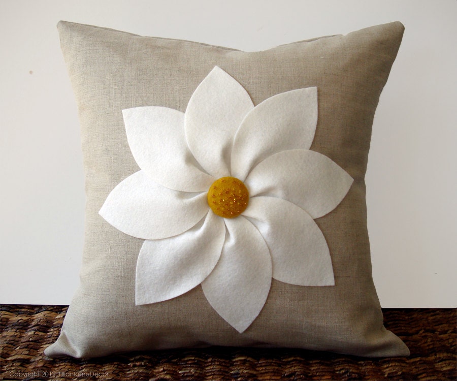 White and Yellow Flower PILLOW COVER in Natural Linen by JillianReneDecor Decorative Home Decor (16x16) Gift for Her
