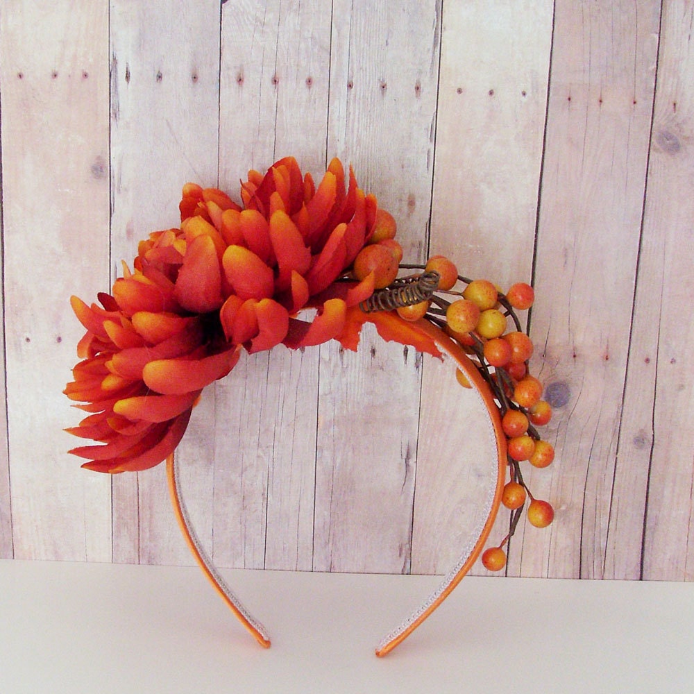 Fall Orange Mum - Berries Headband / Autumn Harvest Fashion / Berries - Mum Flower / Orange - Gold - Brown / Fall Head Piece / OOAK