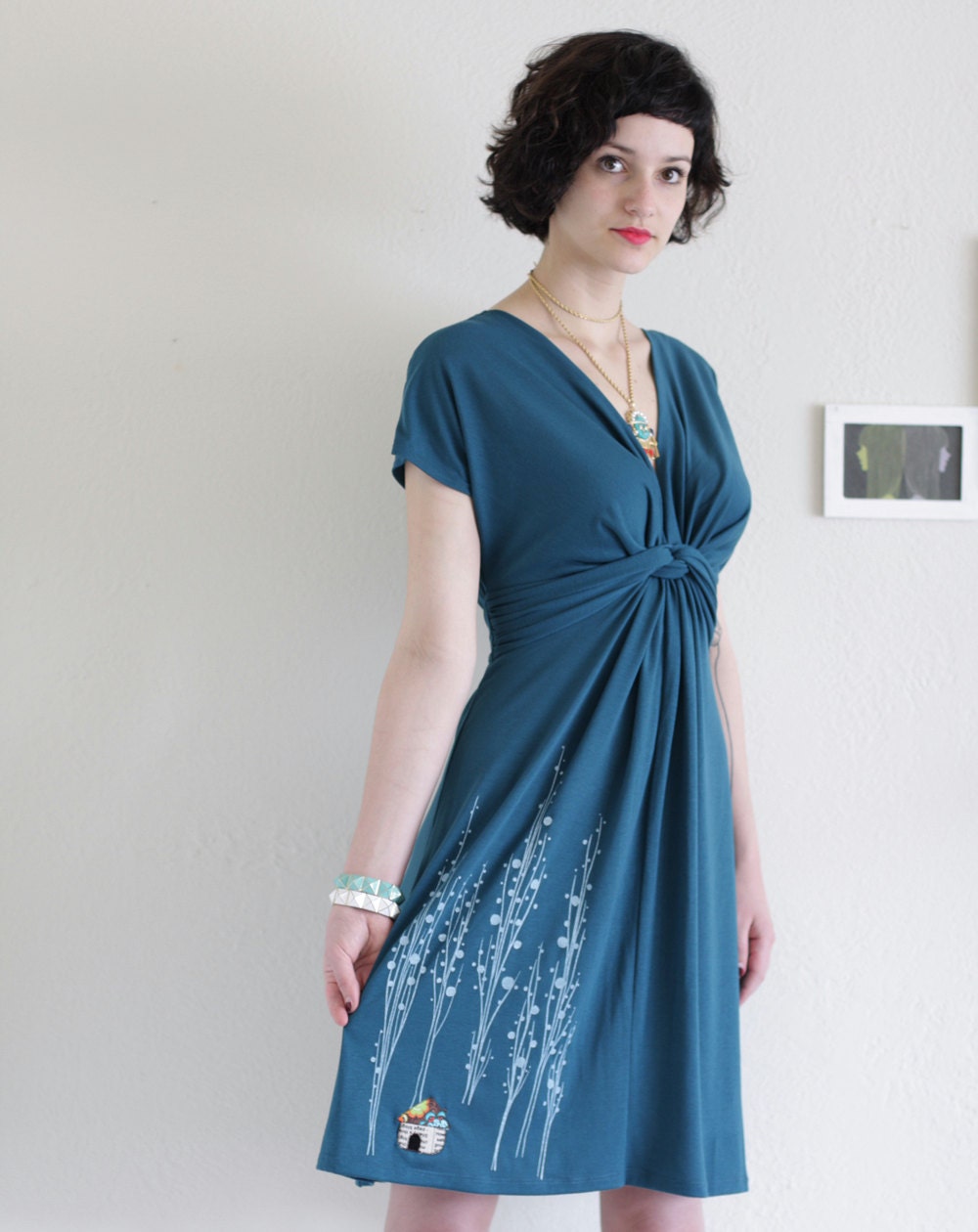 Women Fashion - Teal Blue Knee length V-neck Party dress - Handmade Applique Dress - Unique fashion -Surrounded by big trees-size Small