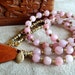 rosary style necklace in PINK QUARTZ (wood pendant)