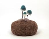Mushrooms in Teal Nature Scene Home Decor Pincushion Wool Sculpture Made To Order