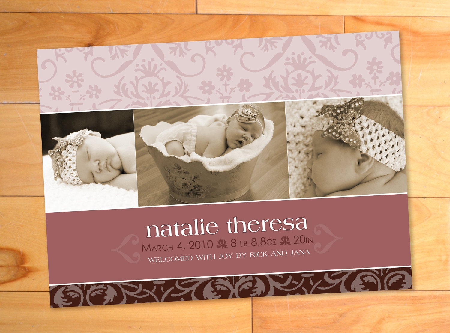 Modern Baby Girl Announement, Birth Announcement, Custom Photo Card, Baroque Custom Baby Announcement Photo Card