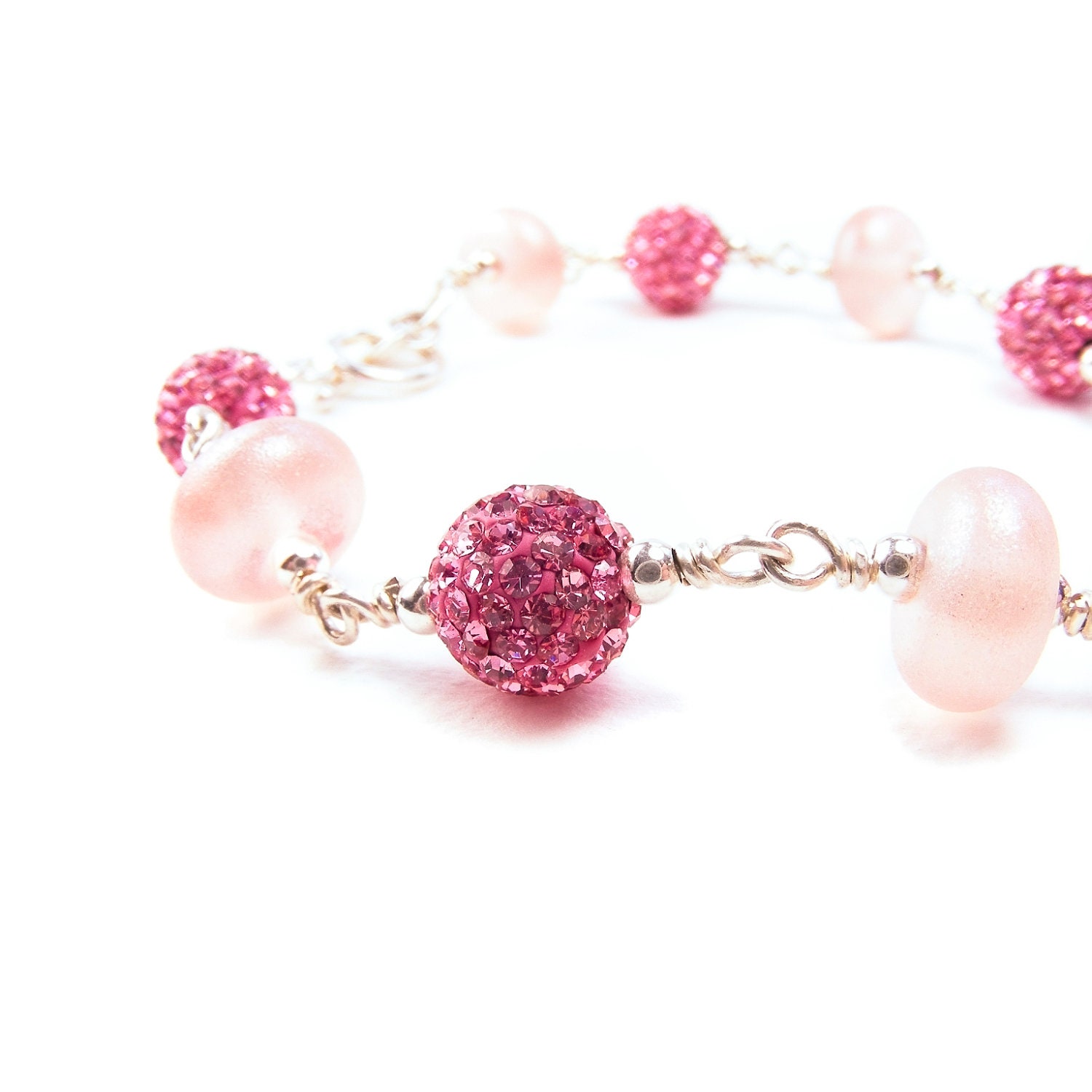 Pink Beaded Bracelet, Handmade Lampwork Glass & Sterling Silver Bracelet, Rose Pink Crystal Disco Beads, OOAK Lampwork Bead Bracelet