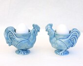 Pair of Rooster Egg Cups in Stoneware with Light Blue Glaze - gutentagfibers