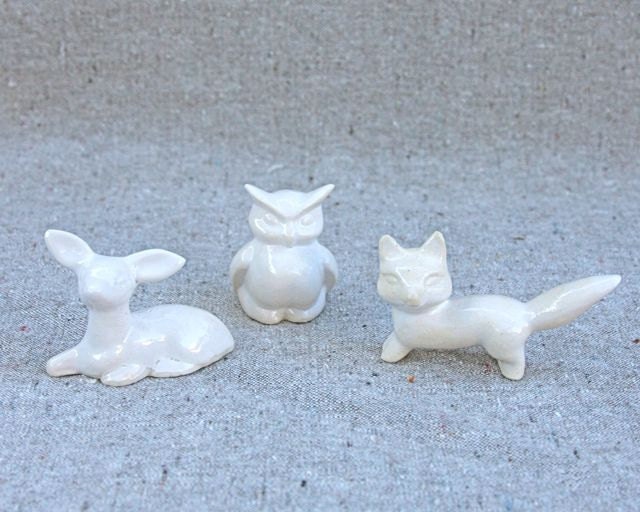 Tiny Fox, Owl, Deer Trio in Stoneware Ceramic with White Glaze