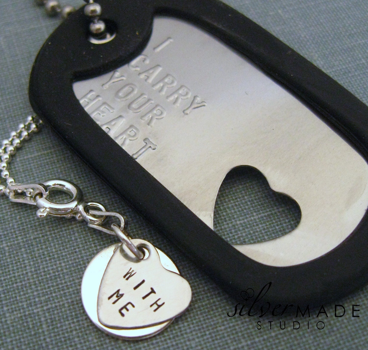 Military Stainless dogtag and sterling HEART CHARM - SilverMadeStudio