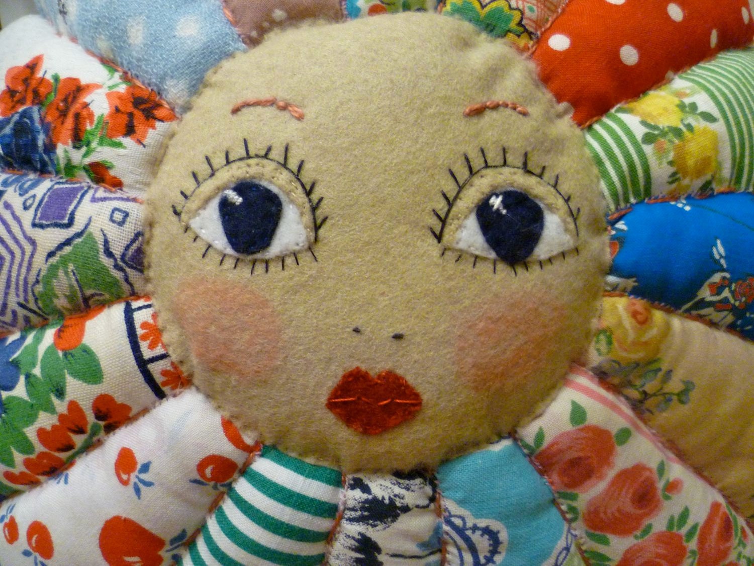 Summer Flower Doll Face - Vintage Cottons Patchwork Cushion Pillow
