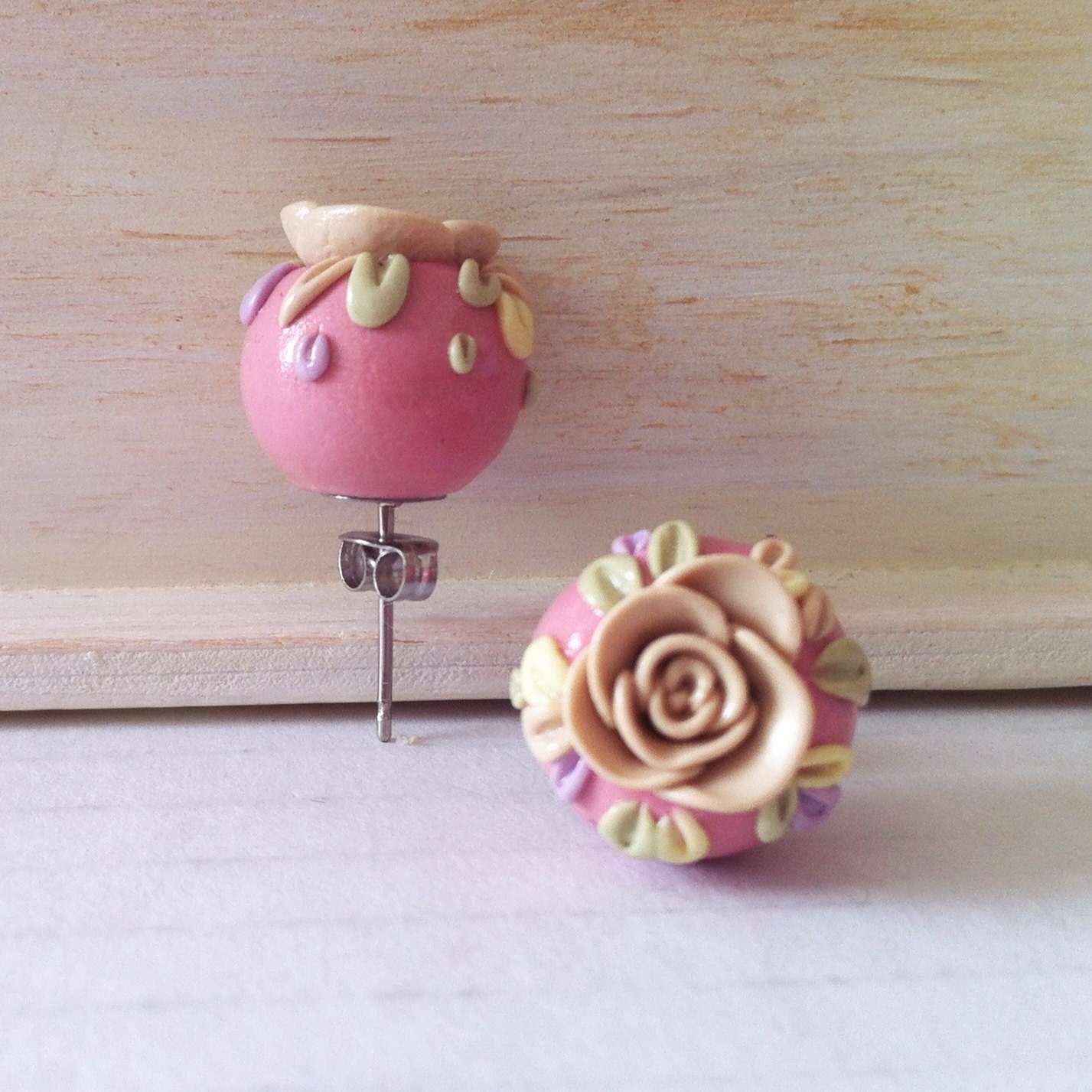 Pink post earrings - rose flower - pastel romantic