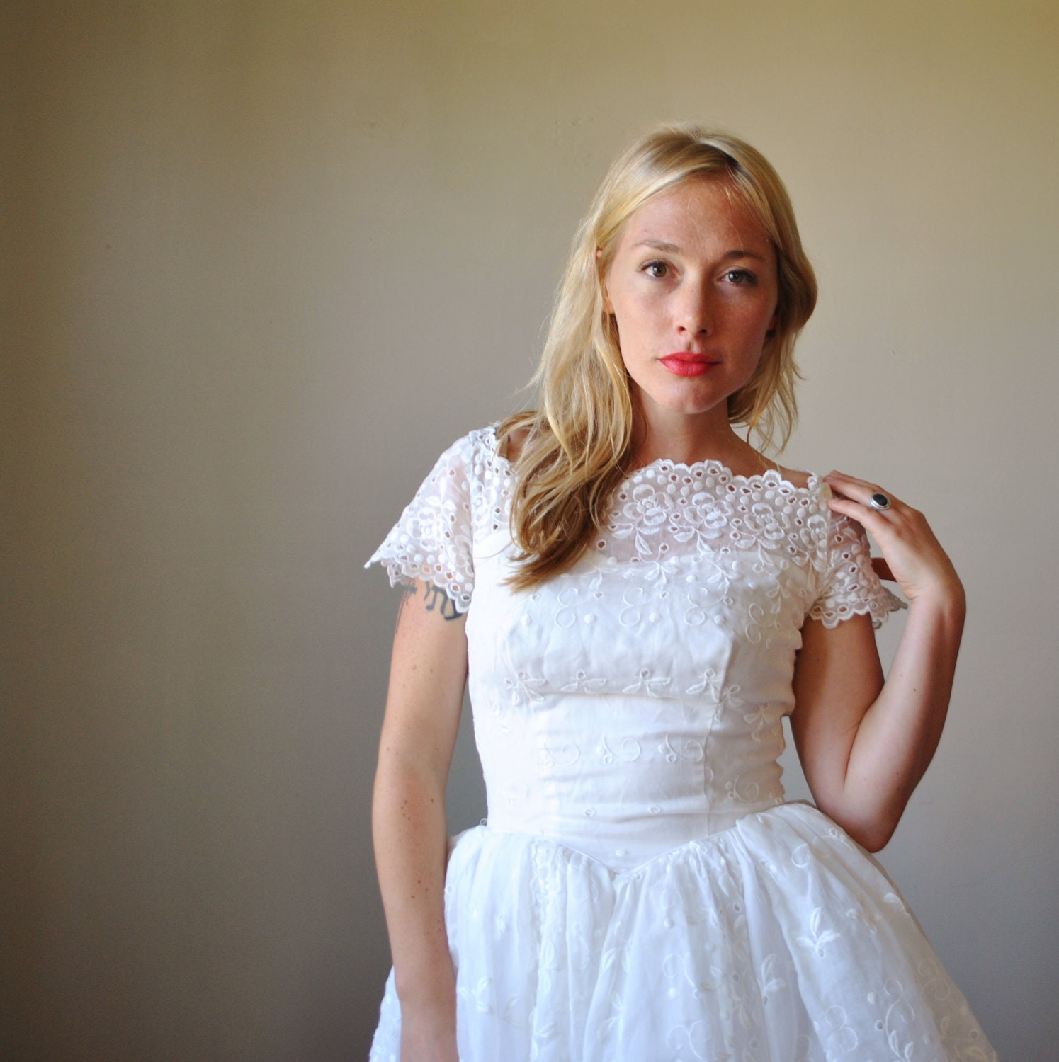 ON RESERVE.......1950s Eyelet Embroidered wedding Gown