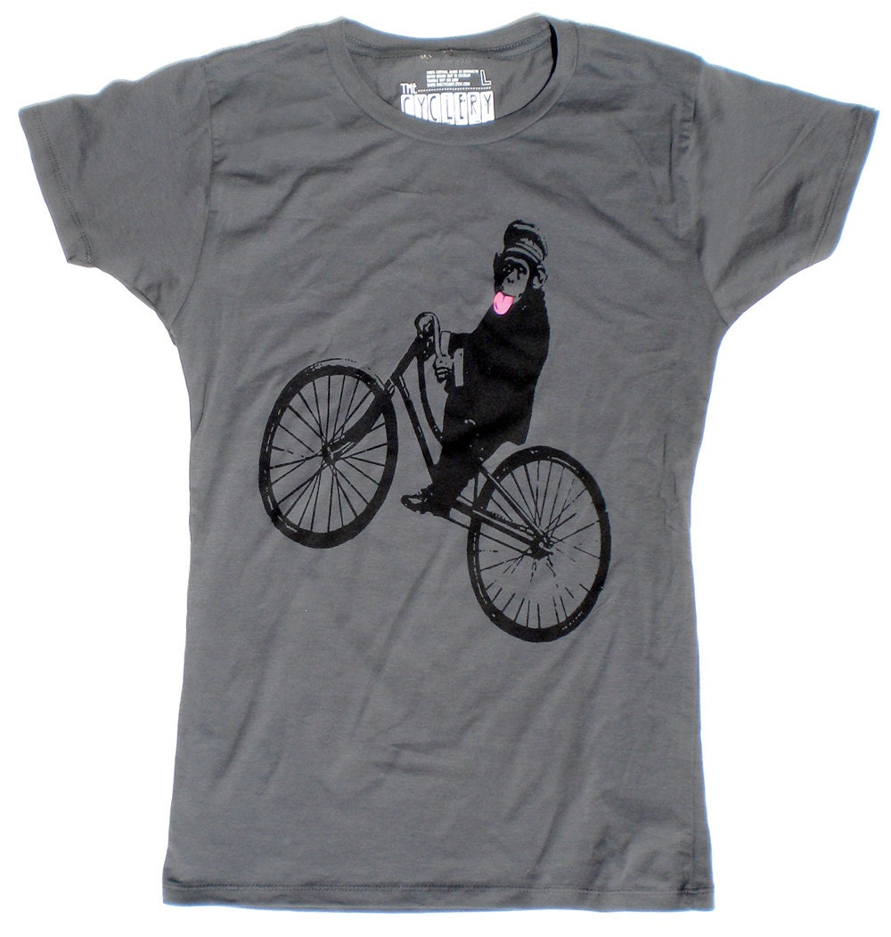 Women's Bicycle T Shirt, Monkey on Bike, in Grey - S, M, L